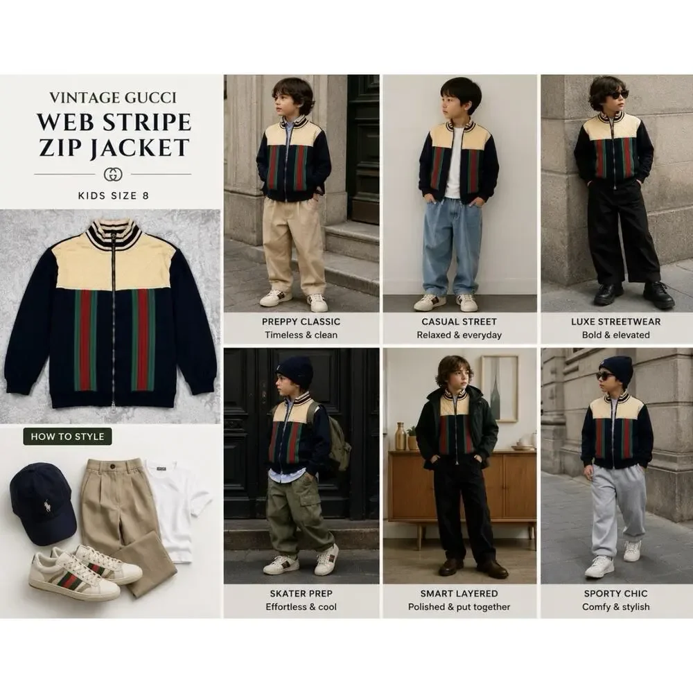 Vintage Gucci Web Stripe Zip Jacket Sweater Navy Cream Size 8
